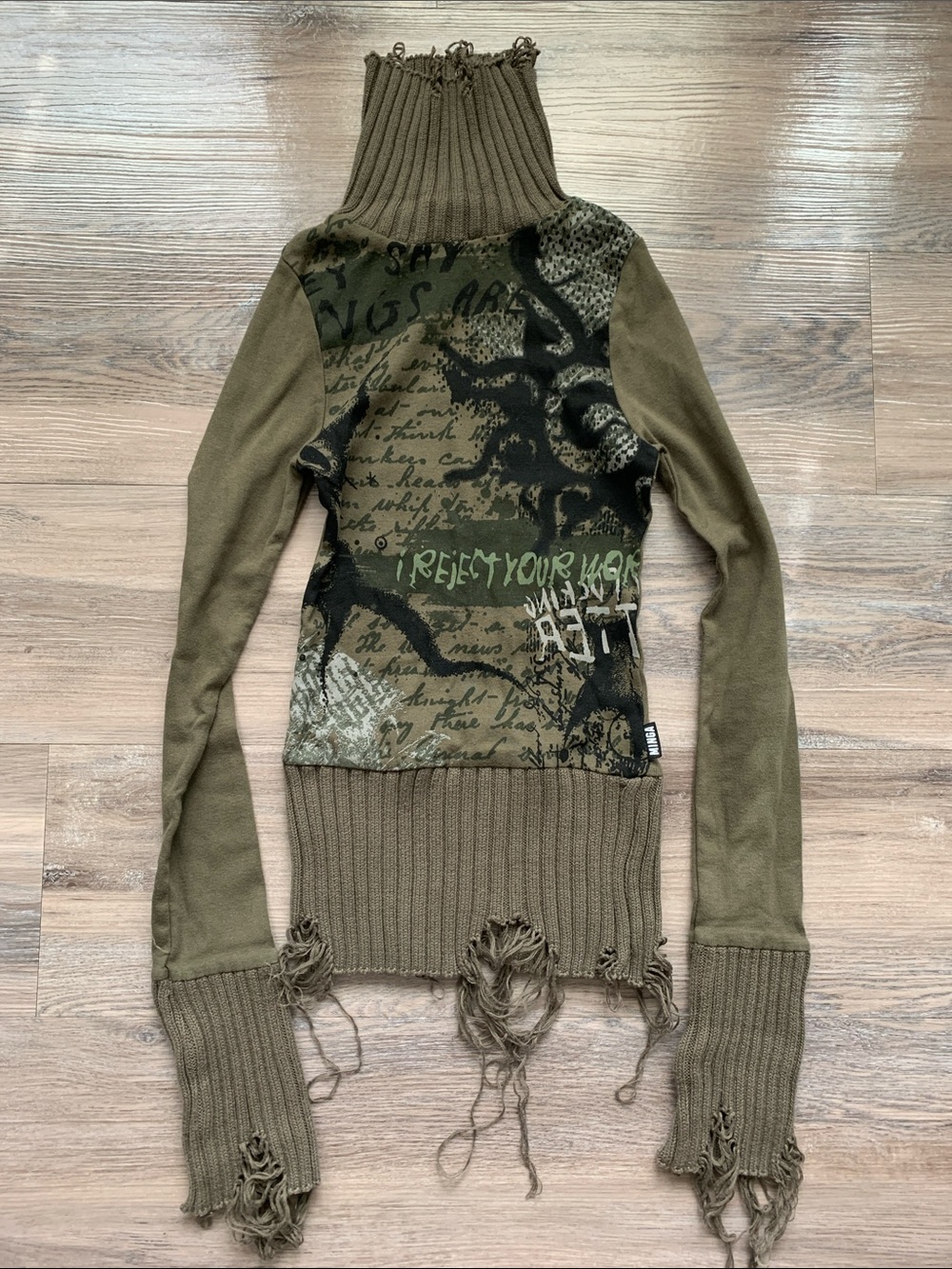 Minga London Olive Ribbed Distressed Turtleneck Sweater Grunge design Size XS